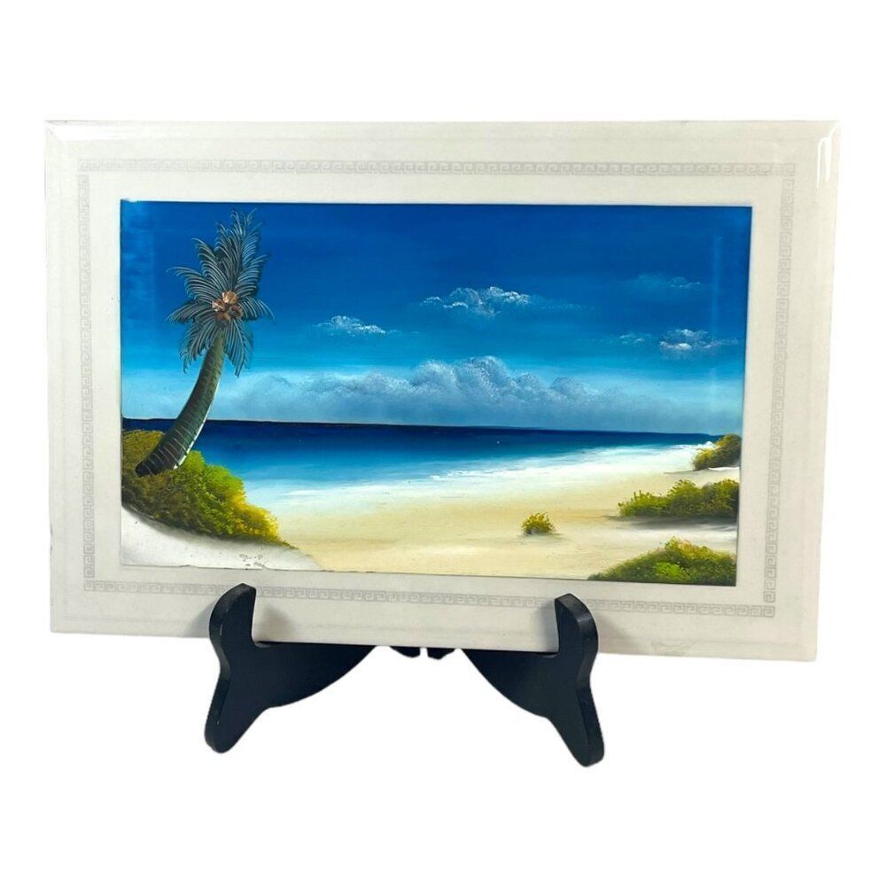 Hand Painted Tile Art Cancun Mexico Beach Scene w/ Display Stand Nautical Decor